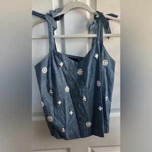 J Crew Embroidered Denim Toe Sleeve Cropped Top - Size 4